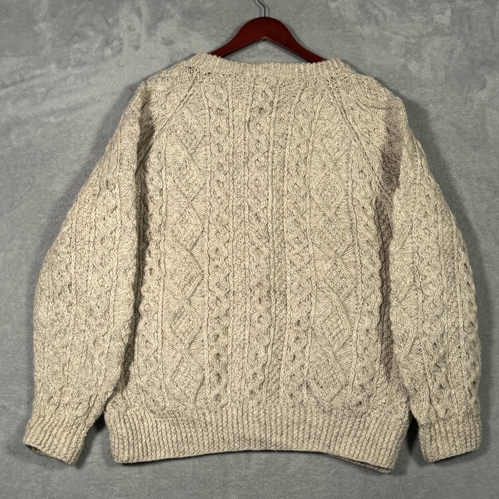 Quill's Woollen Market Sweater Womens L Beige Wool Cable Knit Cardigan Ireland* - Picture 8 of 10